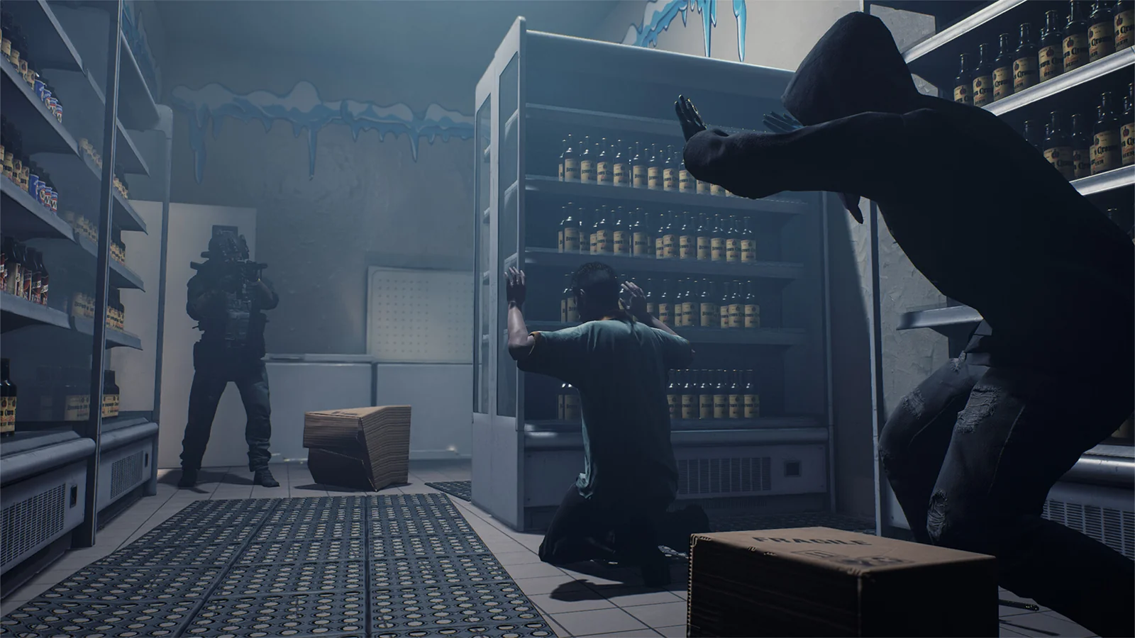 Ready or Not raid scene: a SWAT officer covering two surrendered suspects in a convenience store cooler aisle