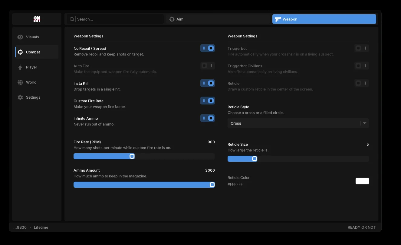 Ready or Not Fentry cheat menu panel with the search bar and the full category sidebar visible