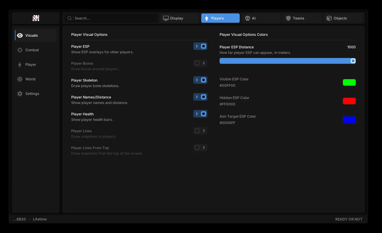 Ready or Not player ESP menu: skeleton, names, distance and health toggles with visible, hidden and aim target colors
