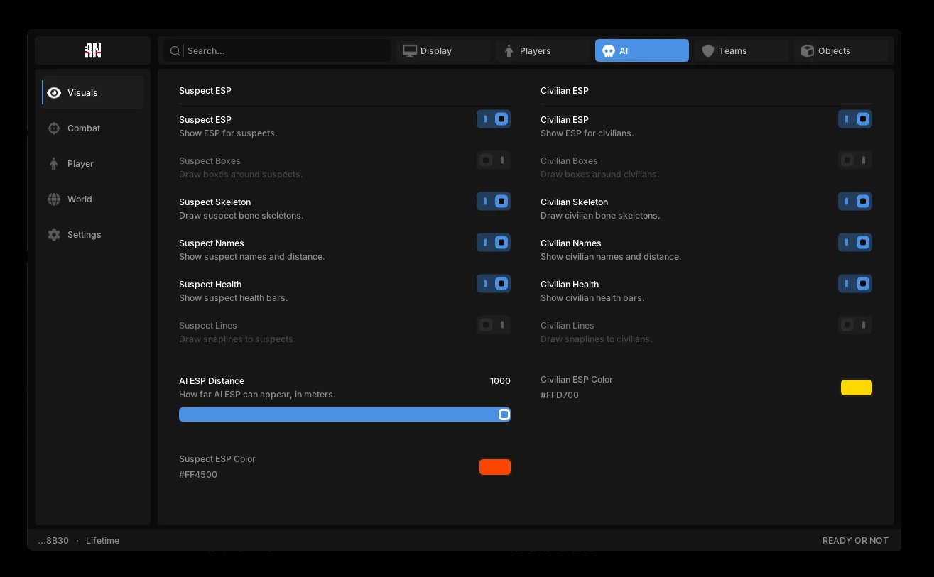 Ready or Not Fentry cheat menu panel with the Visuals, Combat, Player, World and Settings sidebar sections