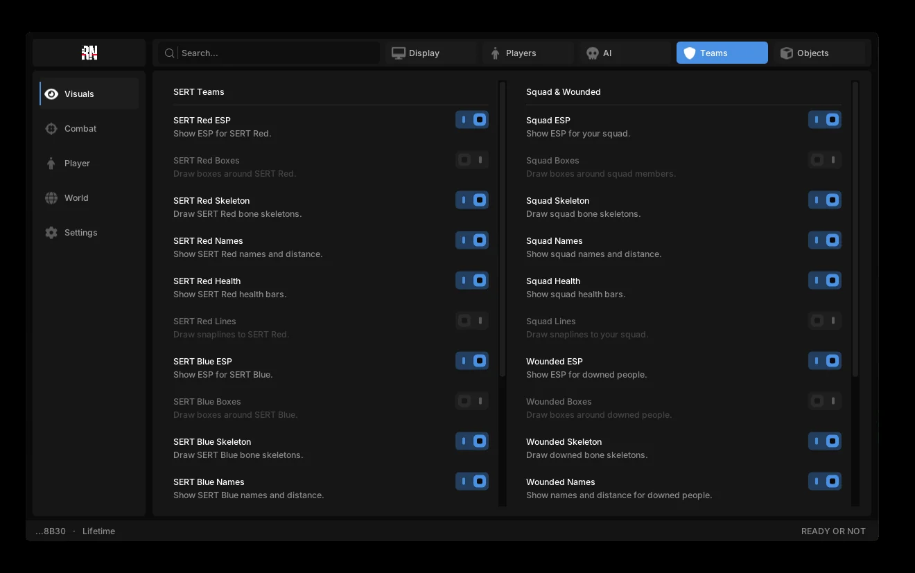 Ready or Not Fentry cheat menu with tab navigation for display, players, AI, teams and objects ESP