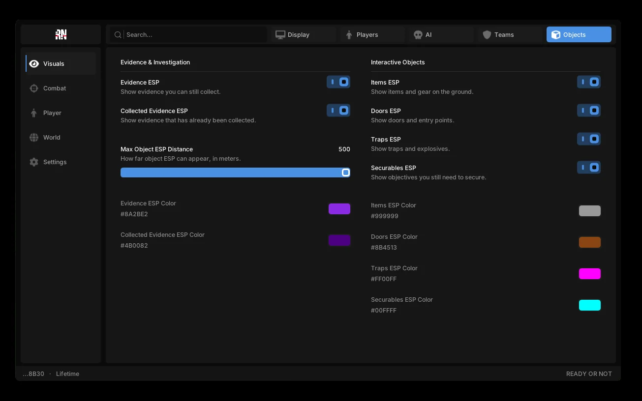 Ready or Not Fentry cheat settings panel showing toggles and sliders for the selected category