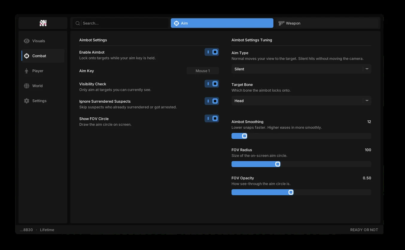 Ready or Not Fentry cheat menu with the game title in the corner and the active configuration on screen